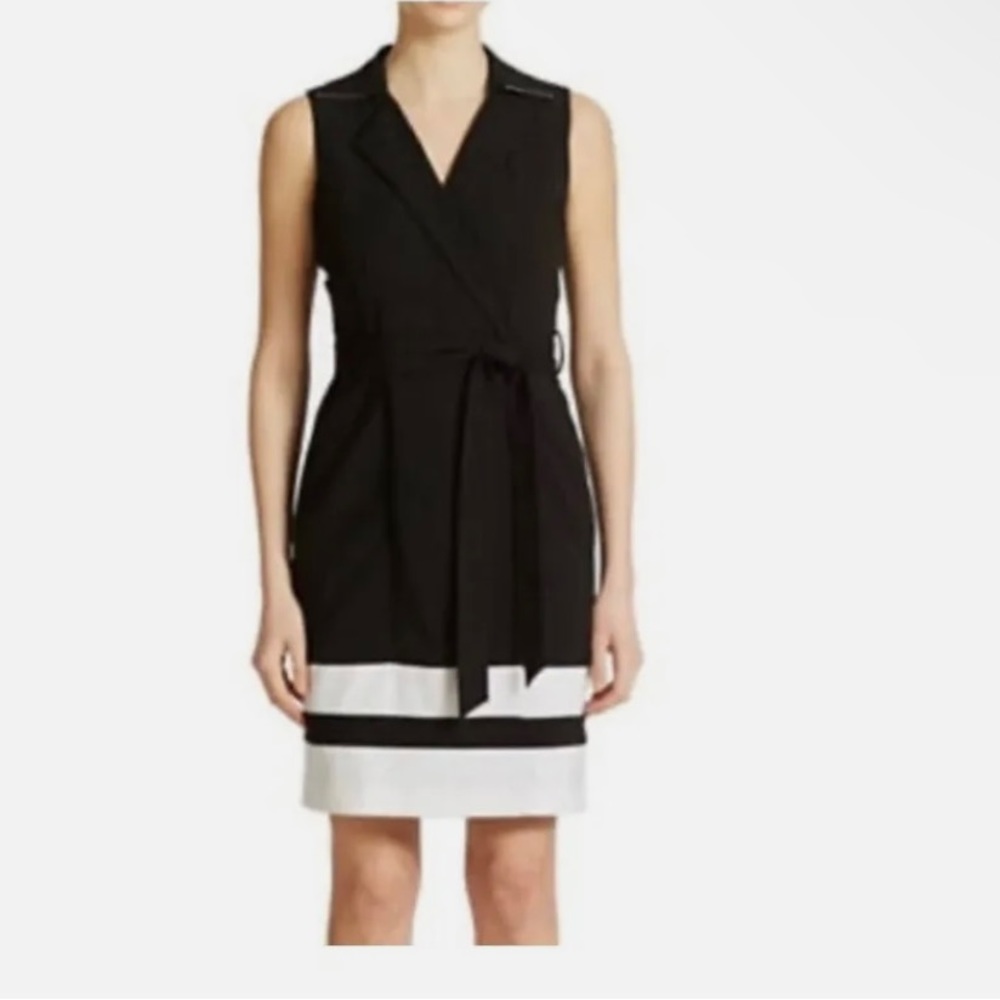 Calvin Klein Wrap Front Black/White Dress Size 4 Self Fabric Tie Belt preloved